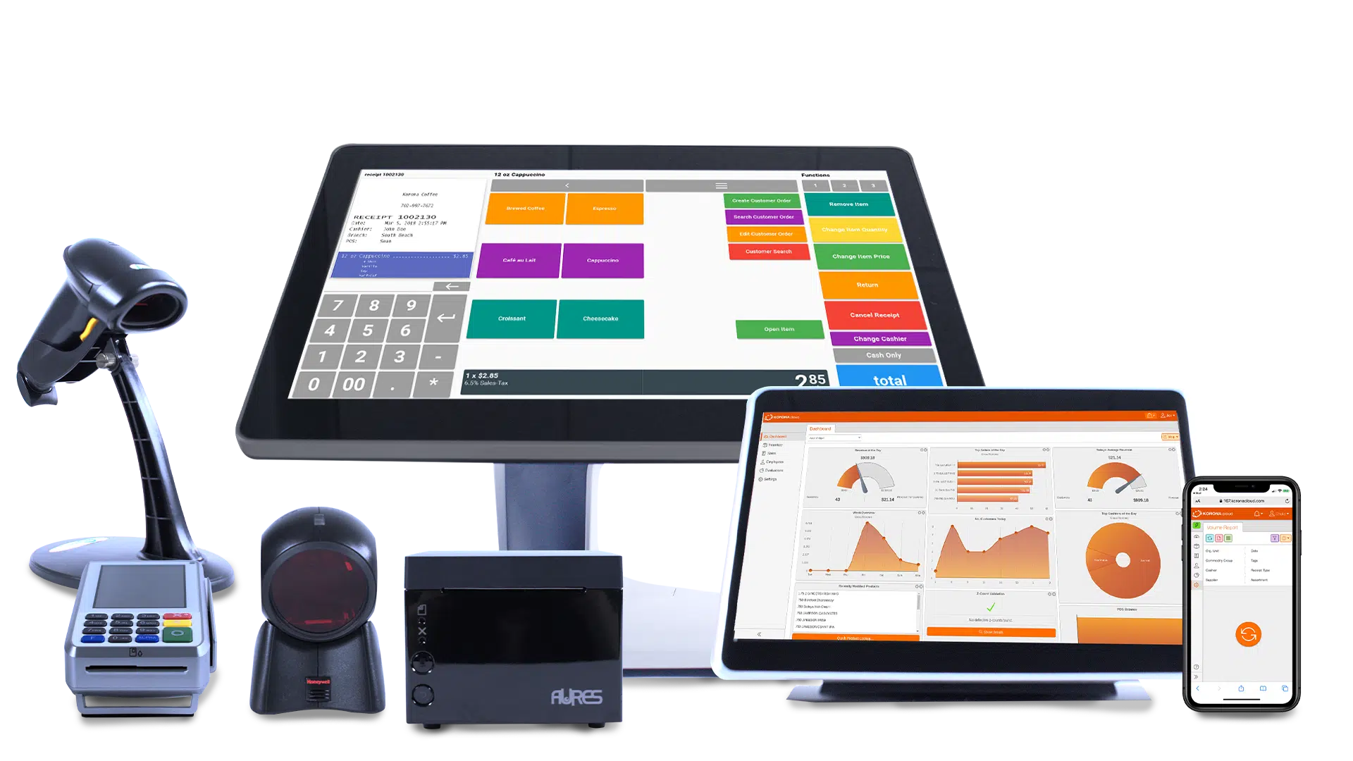 KORONA POS software with receipt printer and scanner.