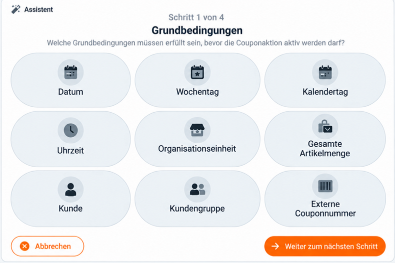 KORONA POS Aktionsassistent zur Festlegung von Bedingungen für Aktionen