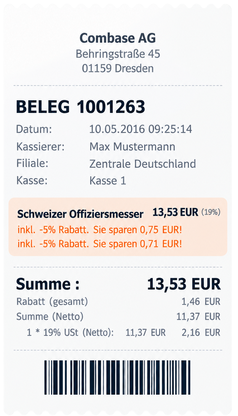 Kassenbeleg mit automatisch angewendetem Rabatt