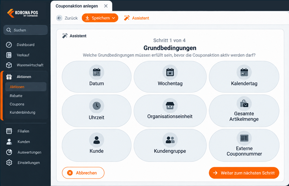 KORONA Studio Assistent zum Einrichten einer Couponaktion